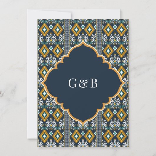 Donkerblauw Geel Ikat Anand Karaj Sikh bruiloft Kaart (Achterkant)