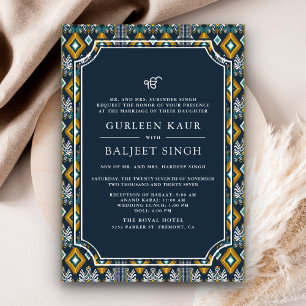 Donkerblauw Geel Ikat Anand Karaj Sikh bruiloft Kaart