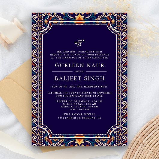 Donkerblauw Geel Ikat Anand Karaj Sikh bruiloft Kaart