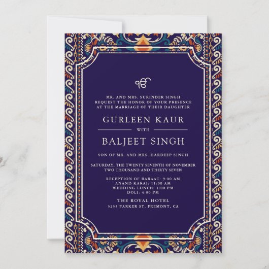 Donkerblauw Geel Ikat Anand Karaj Sikh bruiloft Kaart (Voorkant)