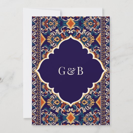 Donkerblauw Geel Ikat Anand Karaj Sikh bruiloft Kaart (Achterkant)