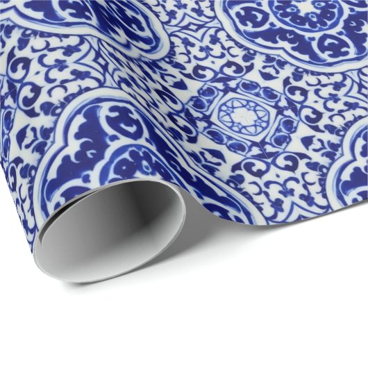 Donkerblauw gekleurde Tegel - Orientaal stijlpatro Cadeaupapier (Rol Hoek)
