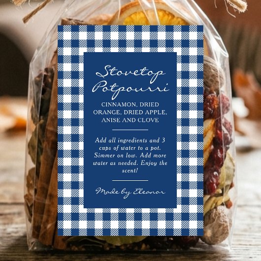 Donkerblauw geruit sudderpot set etiket