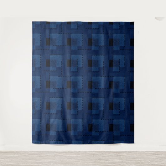 Donkerblauw gestructureerde geometrie wandkleed (Voorkant)