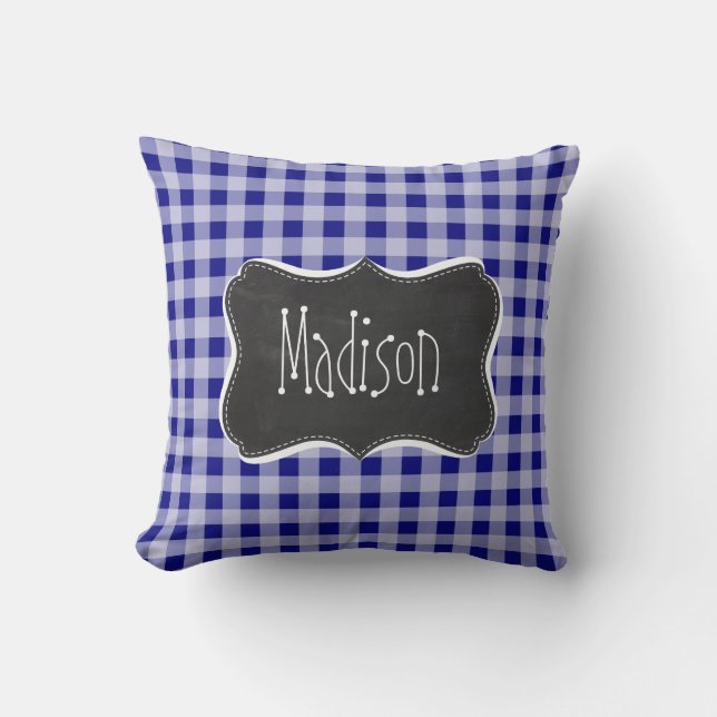 Donkerblauw Gingham;  krijtbord look Kussen (Voorkant)