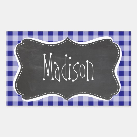Donkerblauw Gingham;  krijtbord look Rechthoekige Sticker (Voorkant)