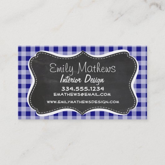 Donkerblauw Gingham;  krijtbord look Visitekaartje (Voorkant)