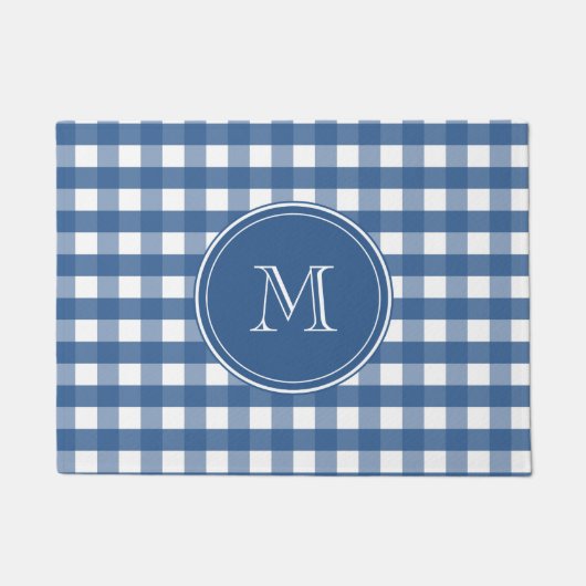 Donkerblauw Gingham Plaid Monogram Welkom Deurmat (Voorkant)
