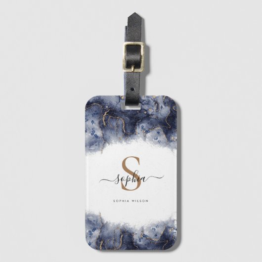 Donkerblauw Goud Agaat Geode Monogram Script Bagagelabel (Voorkant (verticaal))