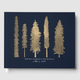 Donkerblauw & Goud Bosrijk Houten Bomen Bruiloft Gastenboek