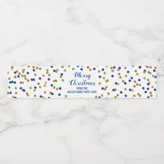 Donkerblauw Goud Confetti Custom Merry Christmas Waterfles Etiket (Enkel label)