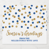 Donkerblauw Goud Confetti Seizoen Groeten Custom Sparkling Wijnetiket (Enkel label)