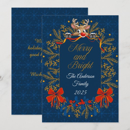 Donkerblauw Goud Elegant Vrolijk & Helder Kerstmis Feestdagenkaart (Voorkant / Achterkant)