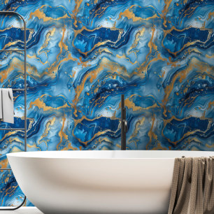 Donkerblauw & goud gemarmerd behang