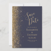 Donkerblauw Goud Glitter Save the Date Aankondiging (Voorkant)