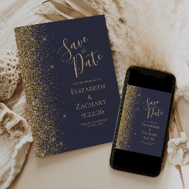 Donkerblauw Goud Glitter Save the Date Aankondiging