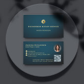 Donkerblauw & Goud Monogram Slanke Notaris QR Foto Visitekaartje