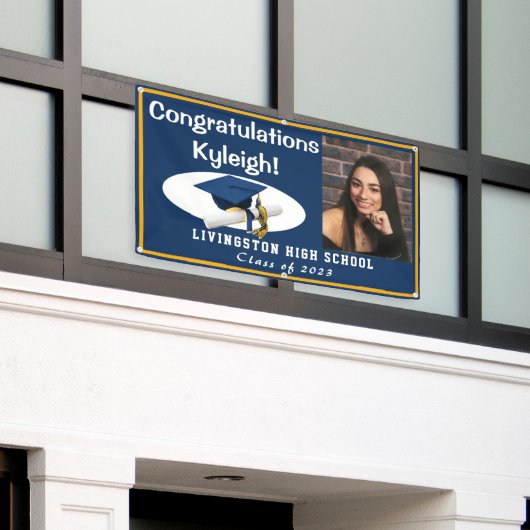 Donkerblauw, gouden en witte Afstuderen Spandoek (Buitenkant Gebouw)