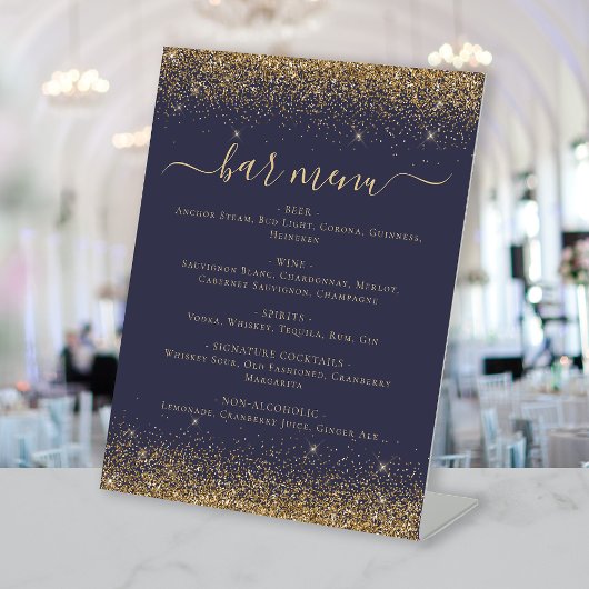 Donkerblauw Gouden Glitter Bar Menu Reclamebord Met Voetstuk