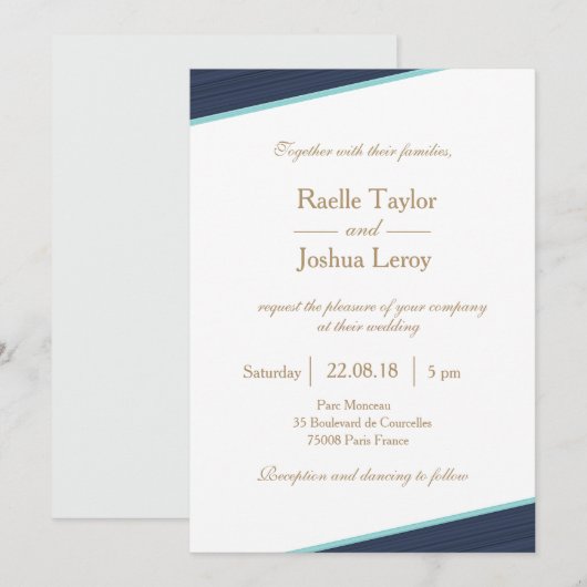 Donkerblauw goudgrijze subtiele strepen bruiloft kaart (Voorkant / Achterkant)