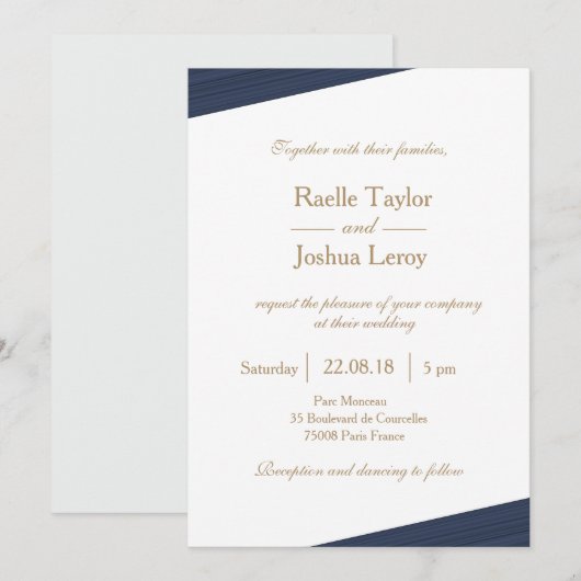 Donkerblauw goudgrijze subtiele strepen bruiloft kaart (Voorkant / Achterkant)