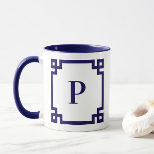 Donkerblauw Grieks sleutel grens monogram Mok