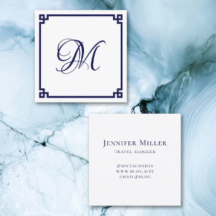 Donkerblauw Griekse Sleutel Calligrafie Monogram Vierkante Visitekaartje