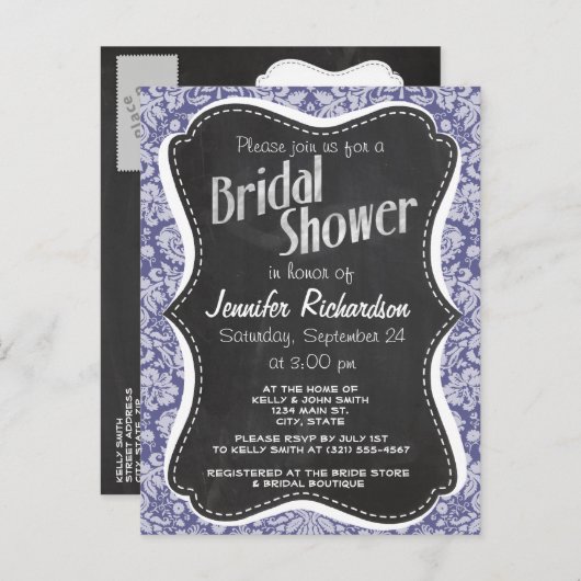 Donkerblauw-grijs Damask;  schoolbord Uitnodiging Briefkaart (Voorkant / Achterkant)