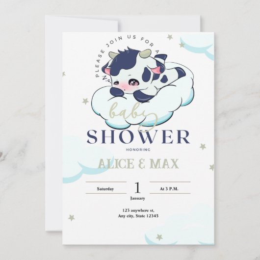 Donkerblauw Grijs Sleepy Koe Wit Cloud Baby shower Kaart (Voorkant)