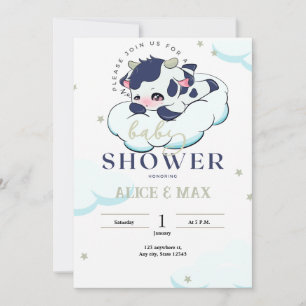 Donkerblauw Grijs Sleepy Koe Wit Cloud Baby shower Kaart