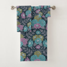 Donkerblauw, groen en Paars Floral Bad Handdoek
