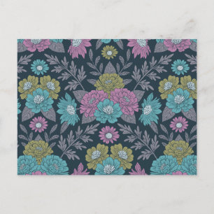 Donkerblauw, groen en Paars Floral Briefkaart