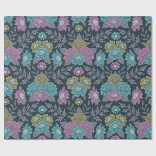 Donkerblauw, groen en Paars Floral Cadeaupapier