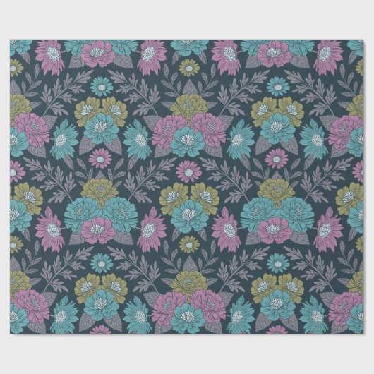Donkerblauw, groen en Paars Floral Cadeaupapier (Vlak)