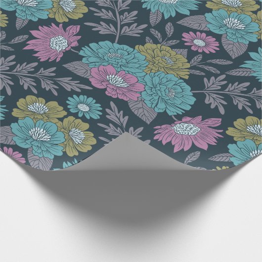Donkerblauw, groen en Paars Floral Cadeaupapier (Hoek)