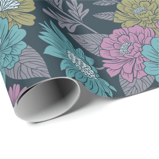 Donkerblauw, groen en Paars Floral Cadeaupapier (Rol Hoek)