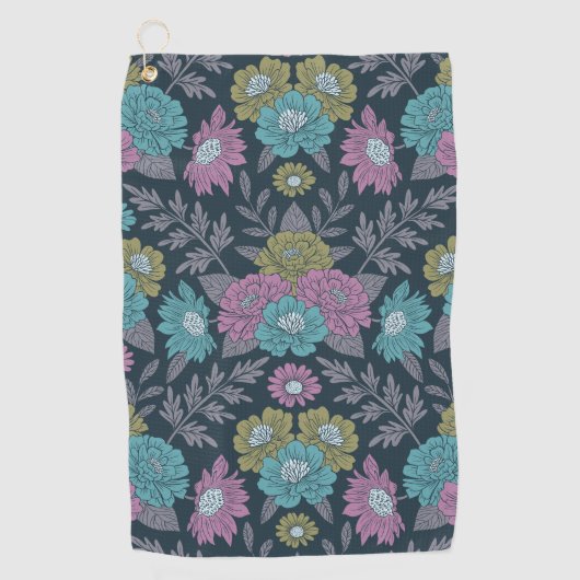 Donkerblauw, groen en Paars Floral Golfhanddoek (Voorkant)