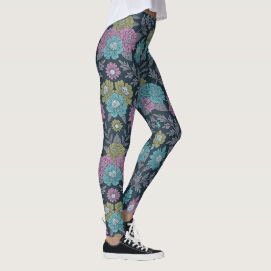 Donkerblauw, groen en Paars Floral Leggings (Rechts)