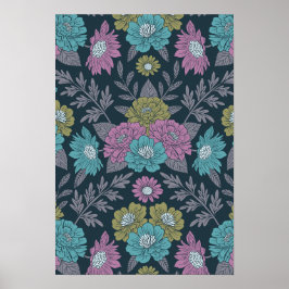 Donkerblauw, groen en Paars Floral Poster