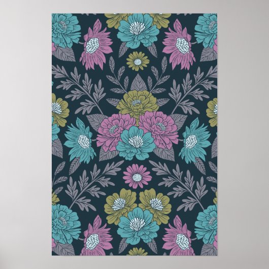 Donkerblauw, groen en Paars Floral Poster (Voorkant)