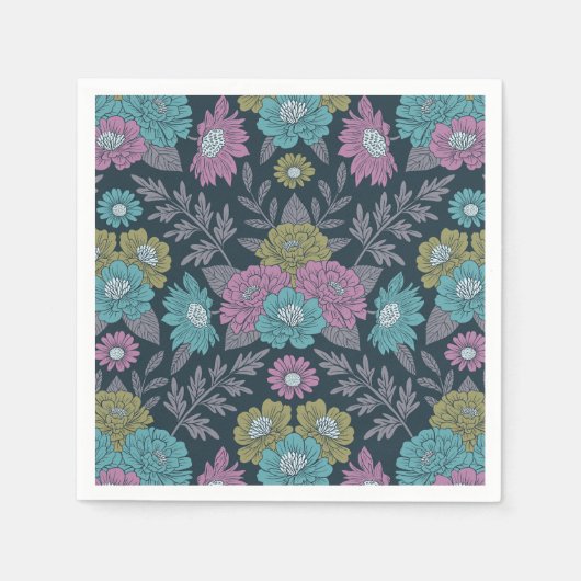 Donkerblauw, groen en Paars Floral Servet (Voorkant)