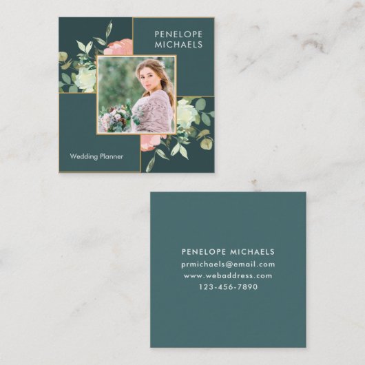 Donkerblauw groen met Floral Bouquet Foto Vierkante Visitekaartje (Voorkant / Achterkant)