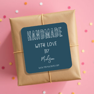 Donkerblauw Handgemaakt Met Liefde Vierkante Stick Sticker