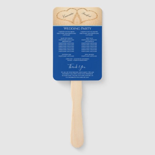 Donkerblauw hart strand bruiloftsceremonieprogramm handwaaier (Achterkant)