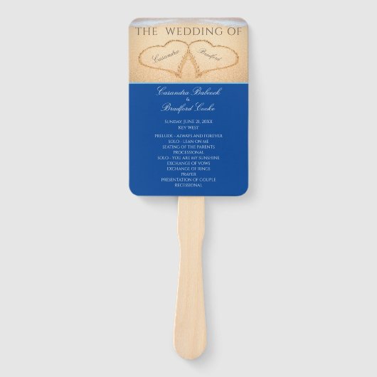 Donkerblauw hart strand bruiloftsceremonieprogramm handwaaier (Voorkant)