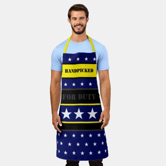 Donkerblauw Helder Geel en Zwart Schort (Gedragen)