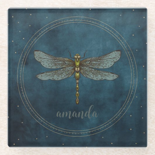 donkerblauw hemelse mystieke libel glazen onderzetter (Voorkant)