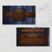 Donkerblauw Hout Bruin Leer Look Monogram Visitekaartje (Voorkant / Achterkant)