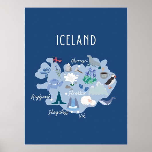 Donkerblauw IJsland reiskaart Poster (Voorkant)