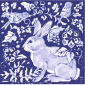Donkerblauw konijn Woodland Vogel Bloemen Delft De Sticker (Voorkant)